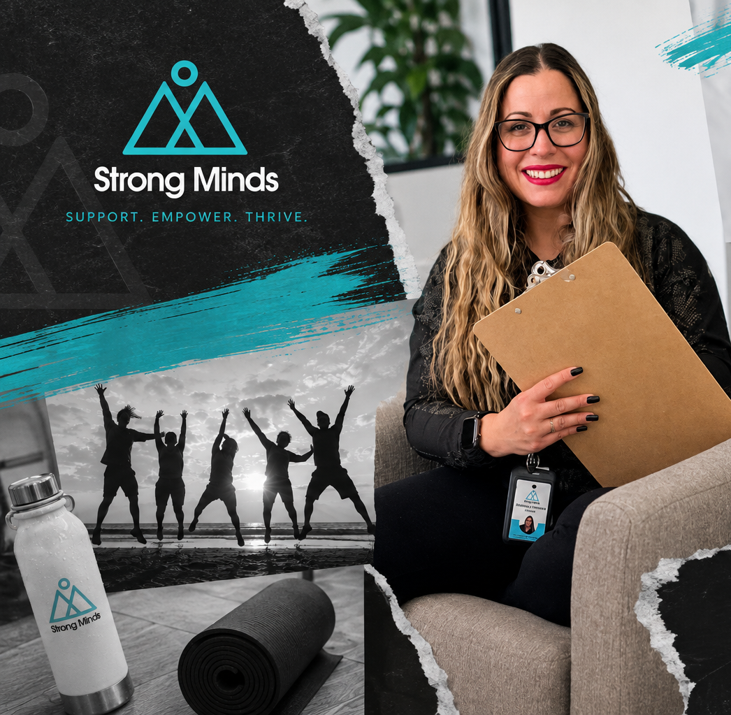 Strong Minds collage featuring Amanda Lambert and wellbeing imagery